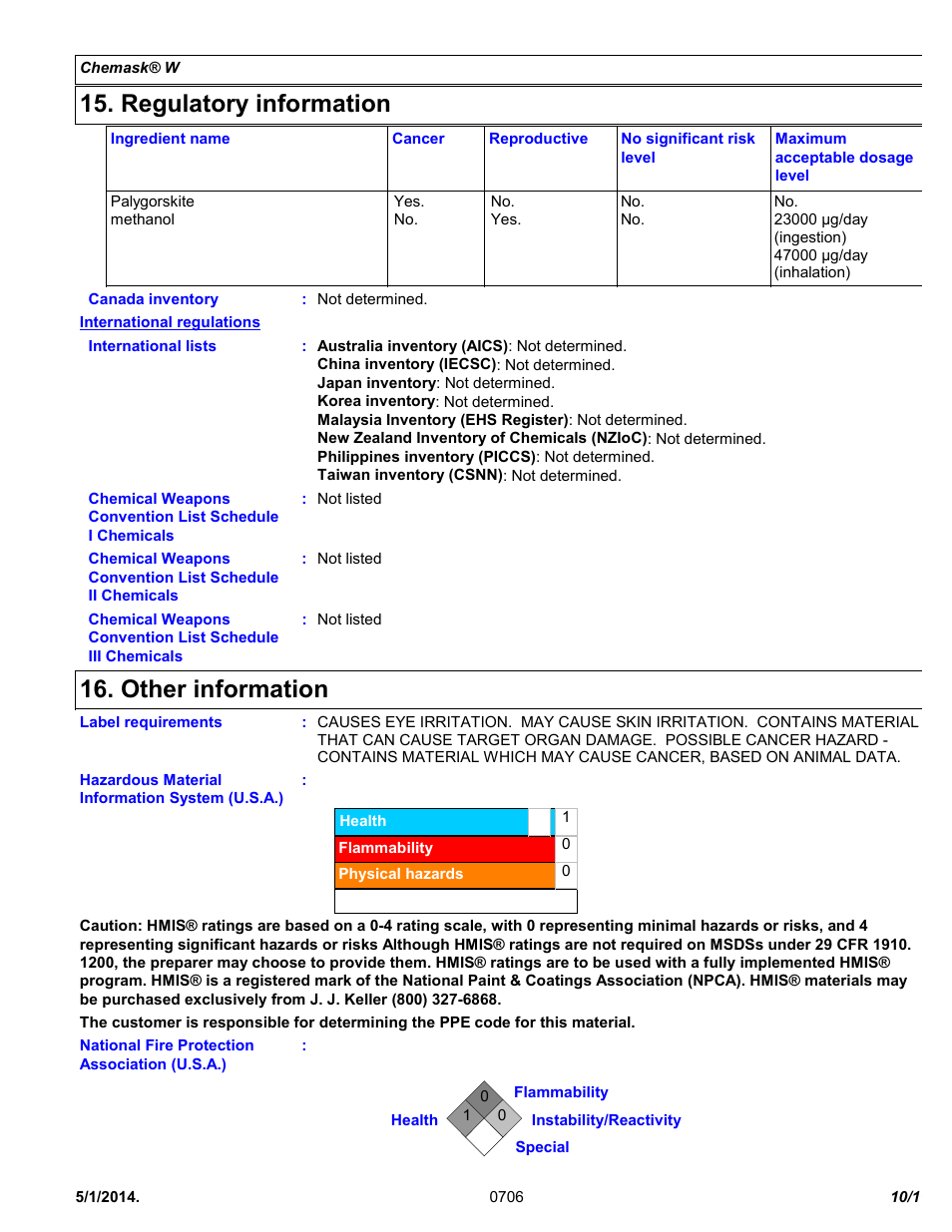 Regulatory information, Other information | Chemtronics Chemask® W - Water Soluble CW8 User Manual | Page 10 / 11