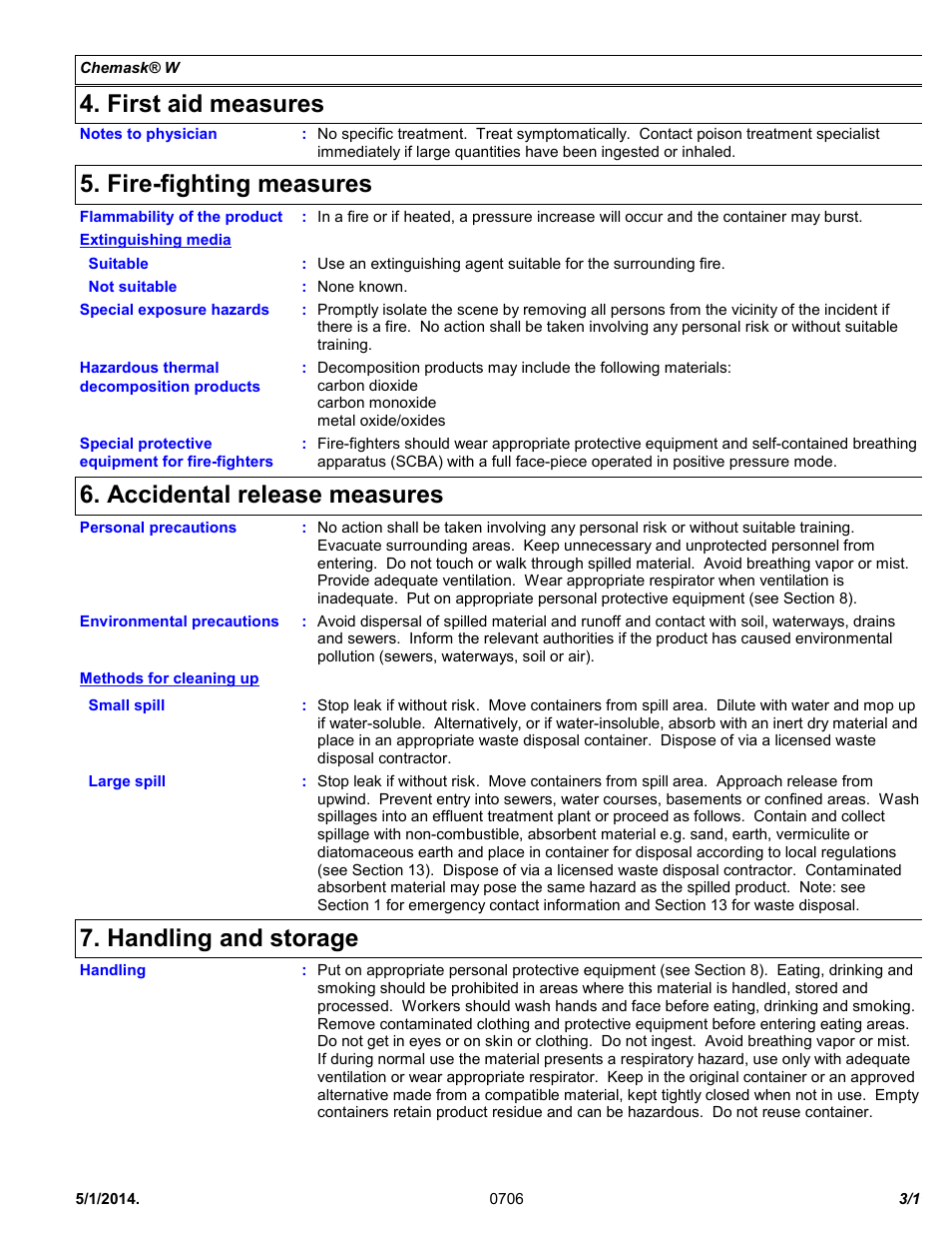 First aid measures, Fire-fighting measures, Accidental release measures | Handling and storage | Chemtronics Chemask® W - Water Soluble CW8 User Manual | Page 3 / 11