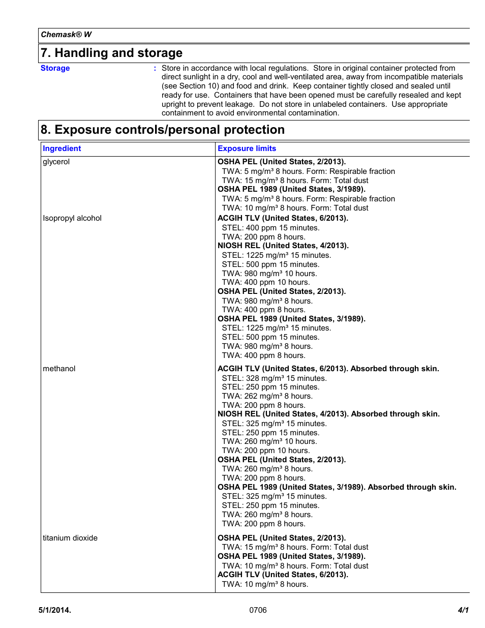 Handling and storage, Exposure controls/personal protection | Chemtronics Chemask® W - Water Soluble CW8 User Manual | Page 4 / 11