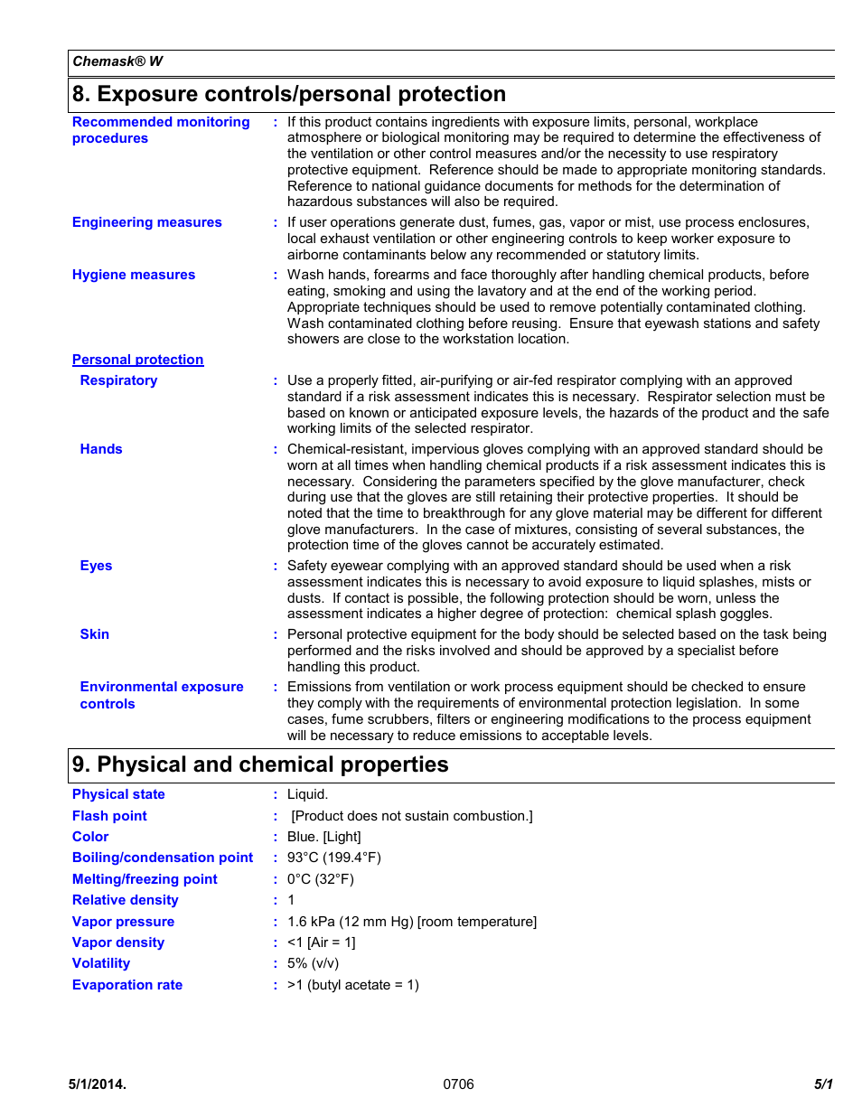 Exposure controls/personal protection, Physical and chemical properties | Chemtronics Chemask® W - Water Soluble CW8 User Manual | Page 5 / 11