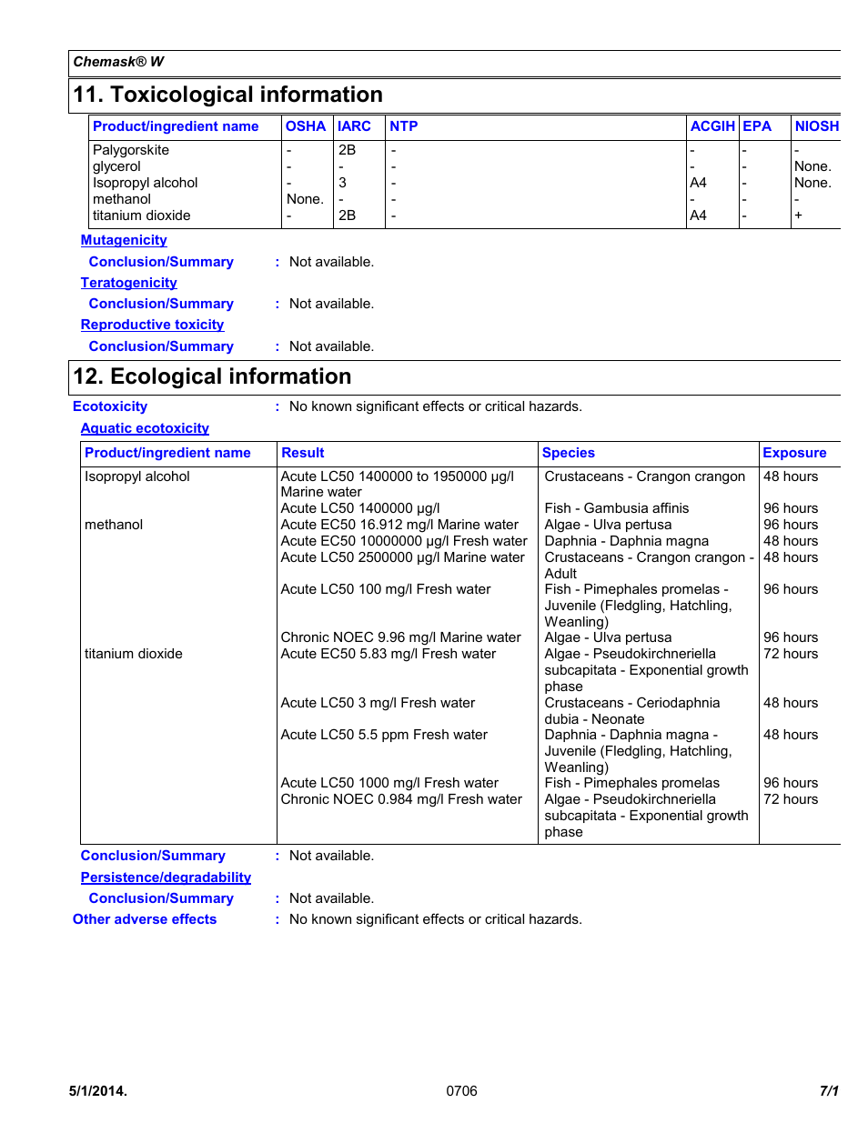 Toxicological information, Ecological information | Chemtronics Chemask® W - Water Soluble CW8 User Manual | Page 7 / 11