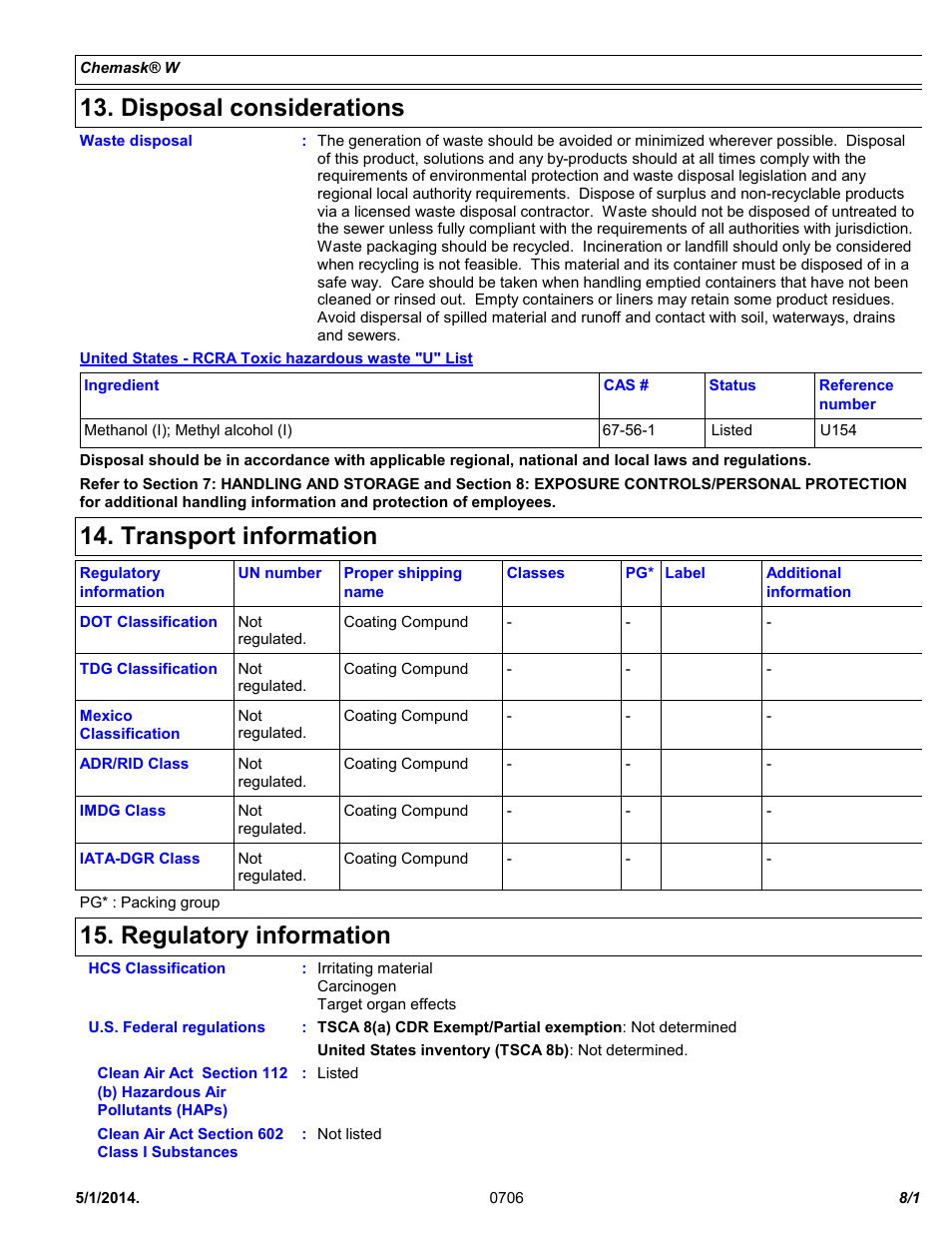 Disposal considerations, Transport information, Regulatory information | Chemtronics Chemask® W - Water Soluble CW8 User Manual | Page 8 / 11