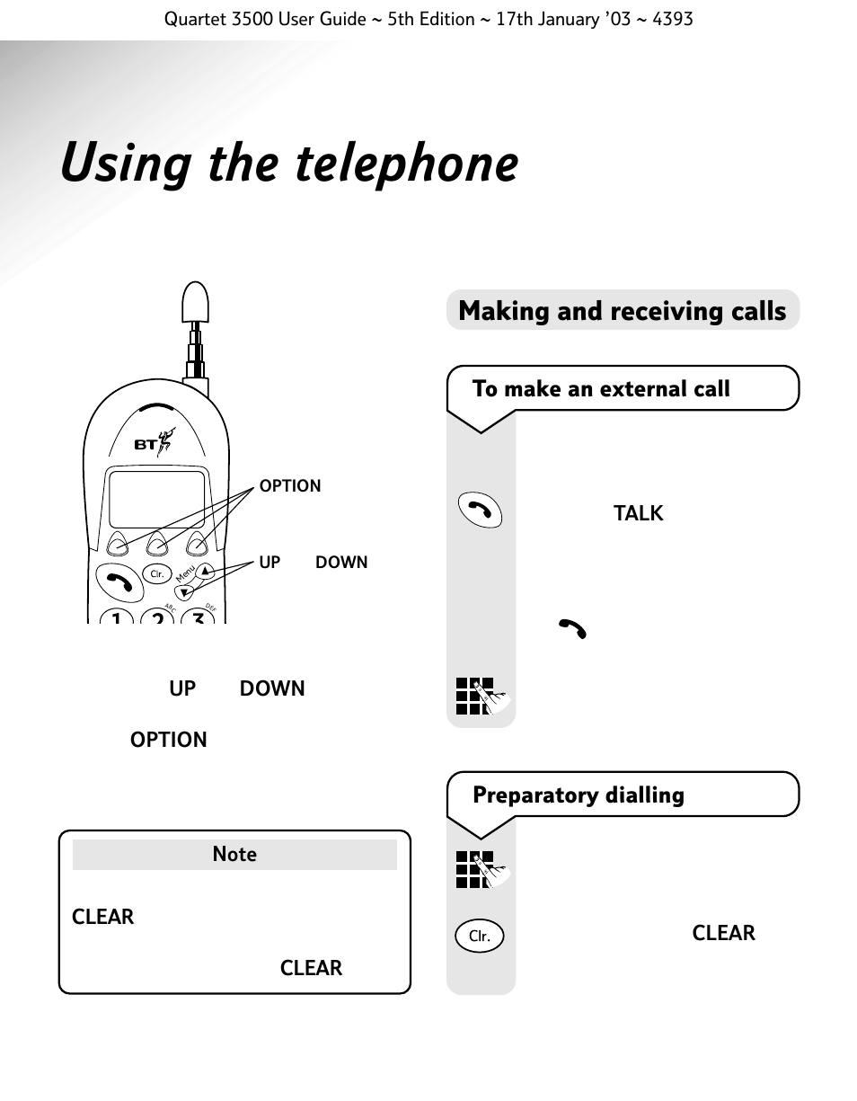 Using the telephone, Making and receiving calls, Preparatory dialling | BT 3500 User Manual | Page 17 / 72