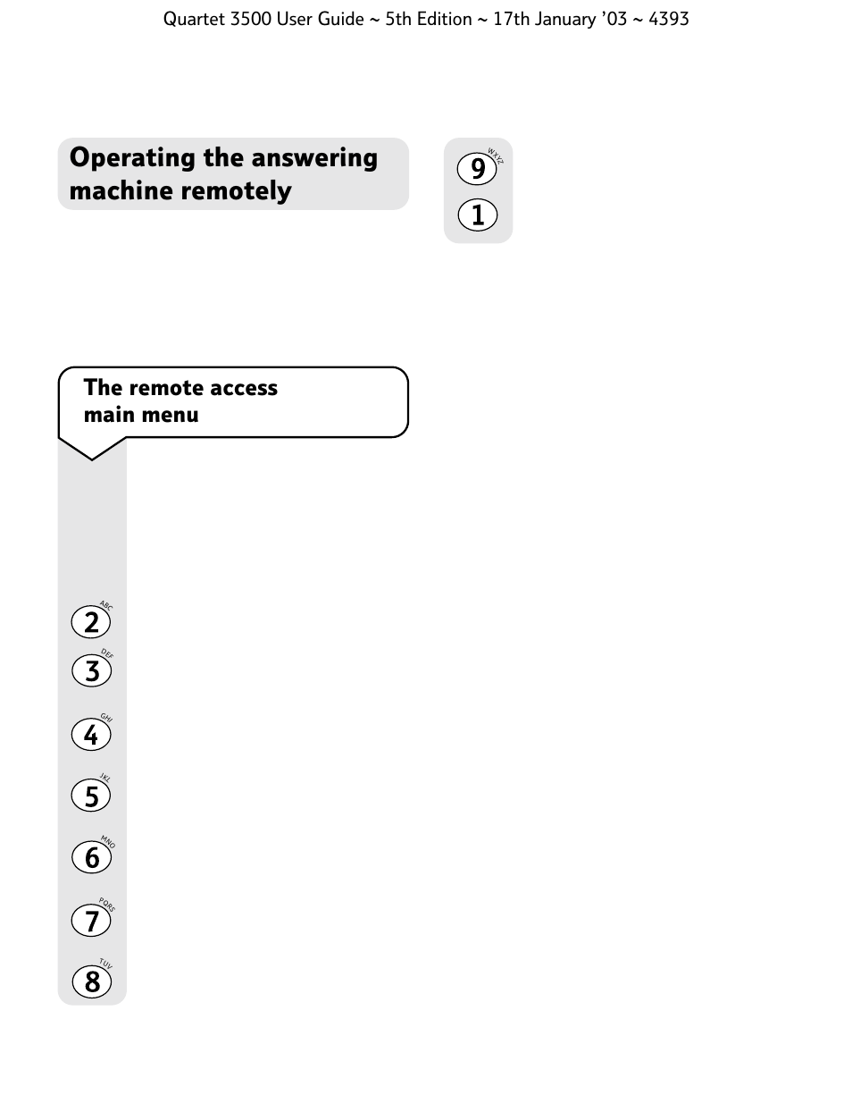 Operating the answering machine remotely, The remote access main menu | BT 3500 User Manual | Page 58 / 72