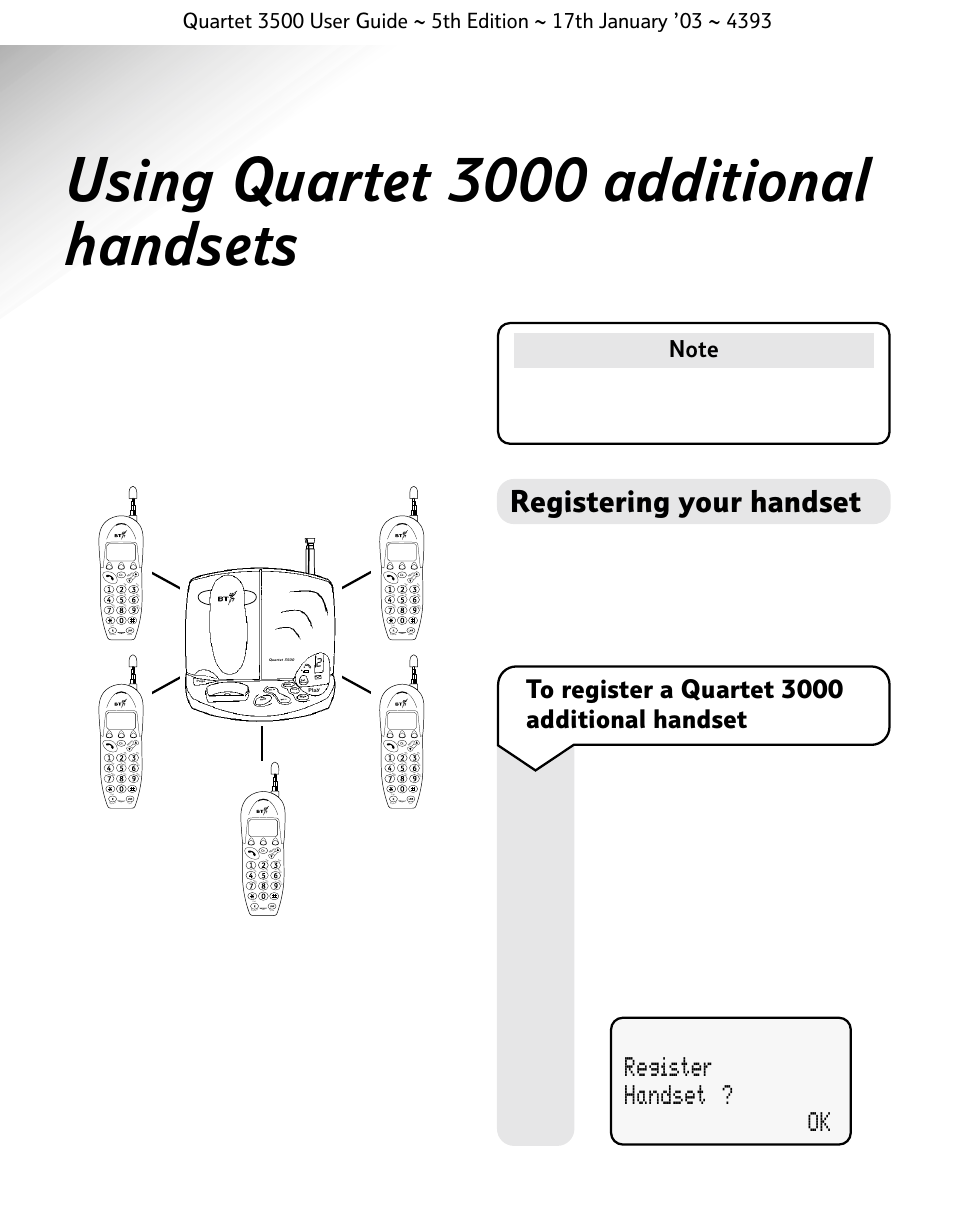 Using quartet 3000 additional handsets, Registering your handset, Register handset ? ok | BT 3500 User Manual | Page 59 / 72