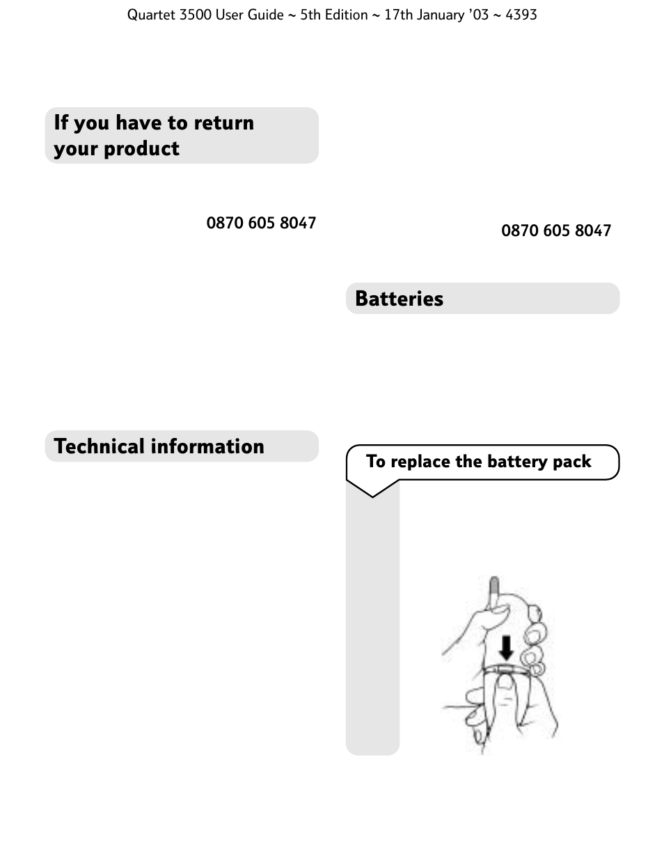 If you have to return your product, Technical information, Batteries | BT 3500 User Manual | Page 63 / 72