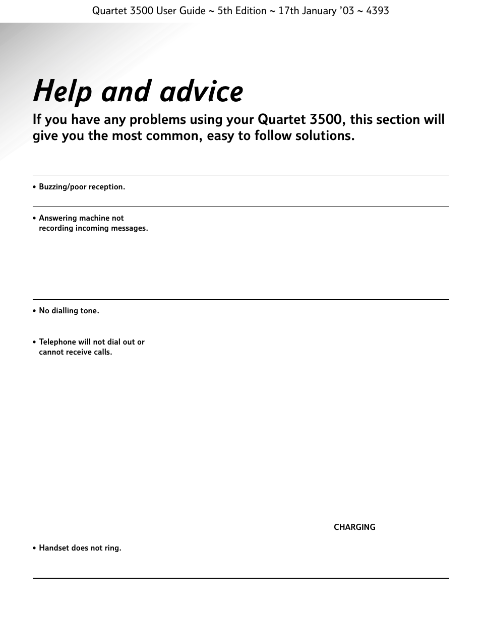 Help and advice, Telephone problems possible cause solution | BT 3500 User Manual | Page 66 / 72