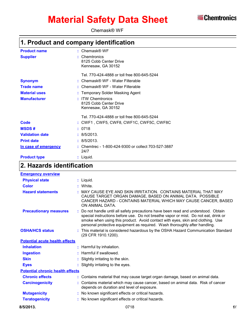 Chemtronics Chemask® WF – Water Filterable CWF8 User Manual | 9 pages