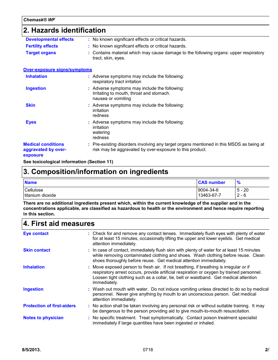 Hazards identification, Composition/information on ingredients, First aid measures | Chemtronics Chemask® WF – Water Filterable CWF8 User Manual | Page 2 / 9