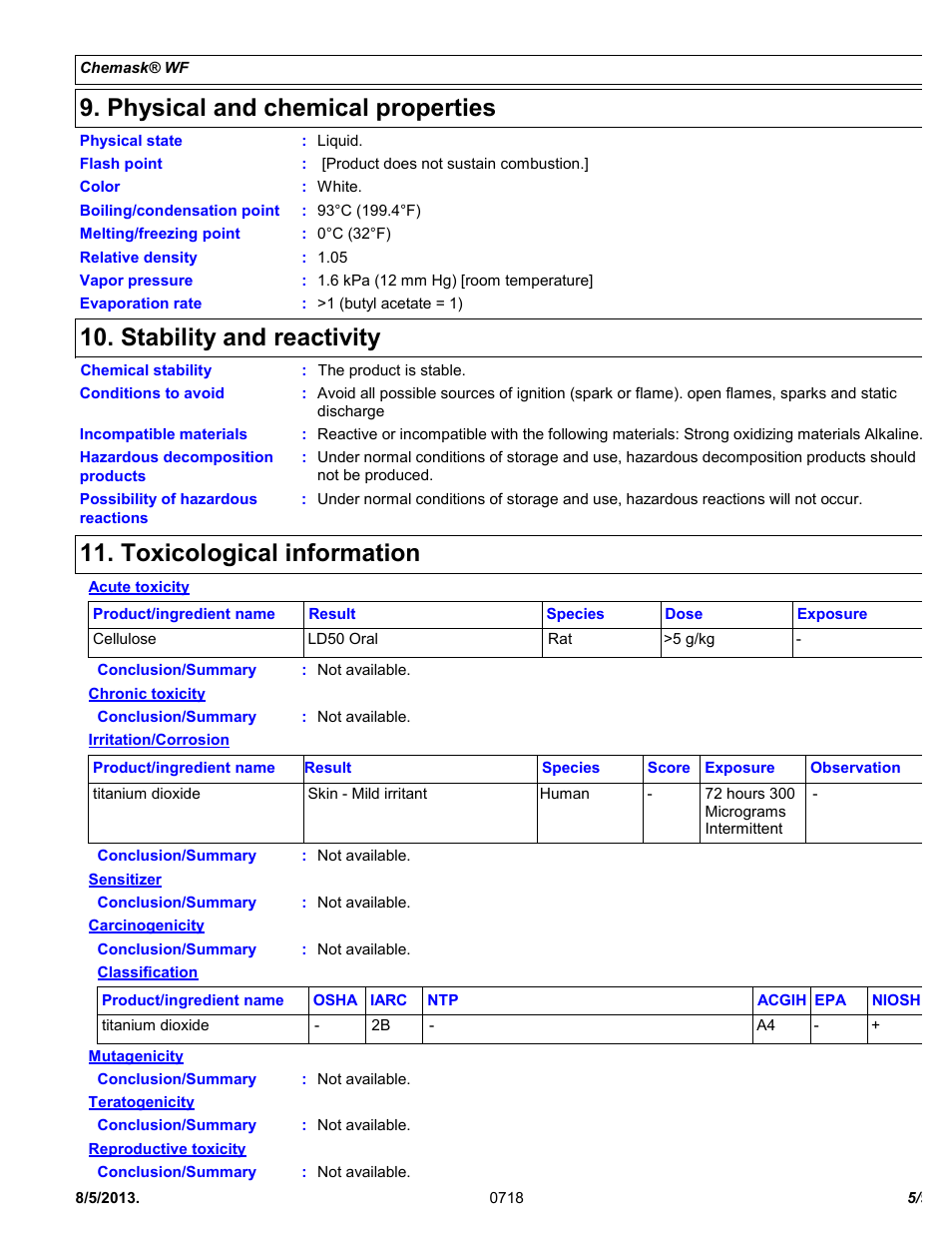 Physical and chemical properties, Stability and reactivity, Toxicological information | Chemtronics Chemask® WF – Water Filterable CWF8 User Manual | Page 5 / 9