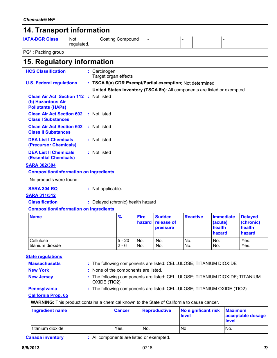 Transport information, Regulatory information | Chemtronics Chemask® WF – Water Filterable CWF8 User Manual | Page 7 / 9