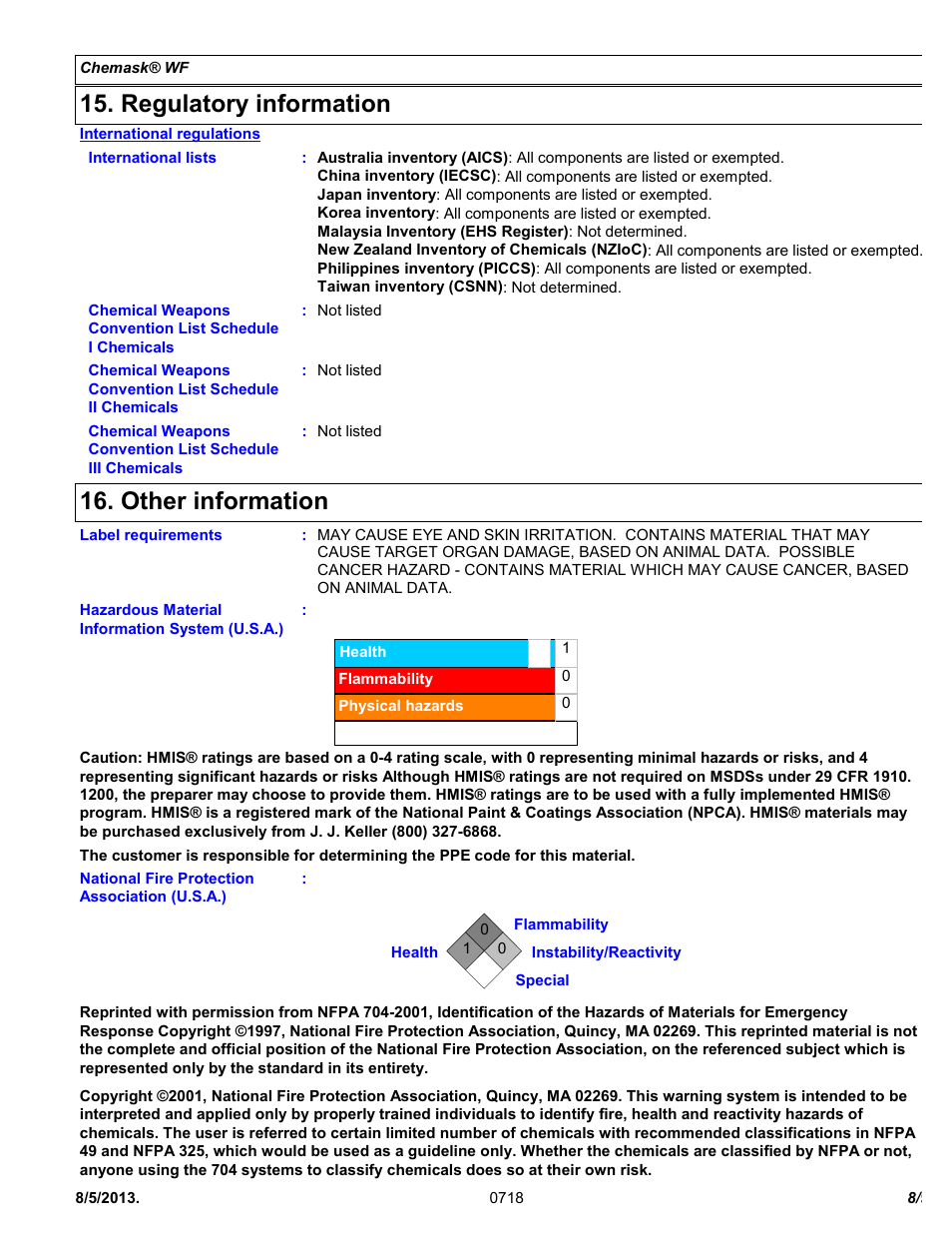 Regulatory information, Other information | Chemtronics Chemask® WF – Water Filterable CWF8 User Manual | Page 8 / 9