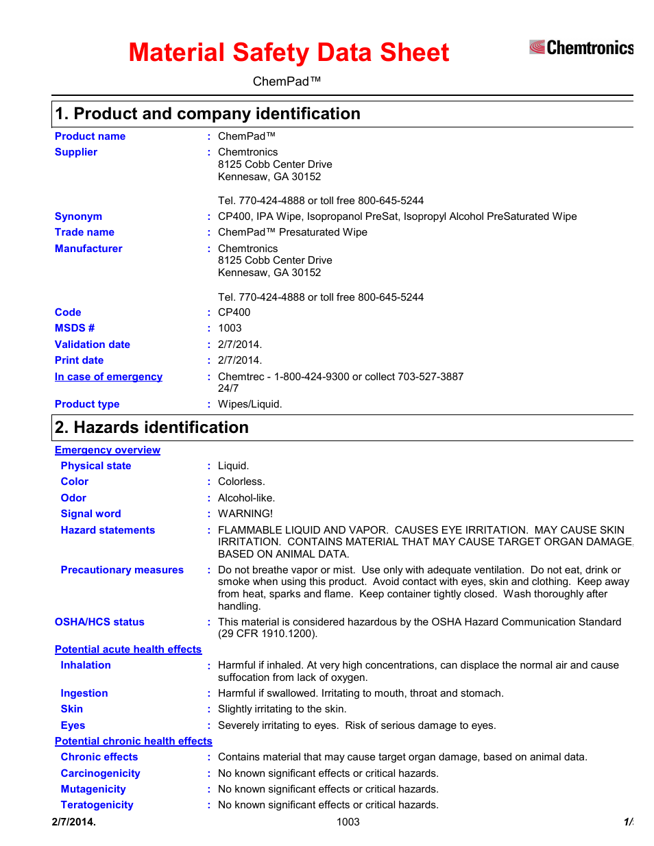 Chemtronics Chempad CP400 User Manual | 9 pages