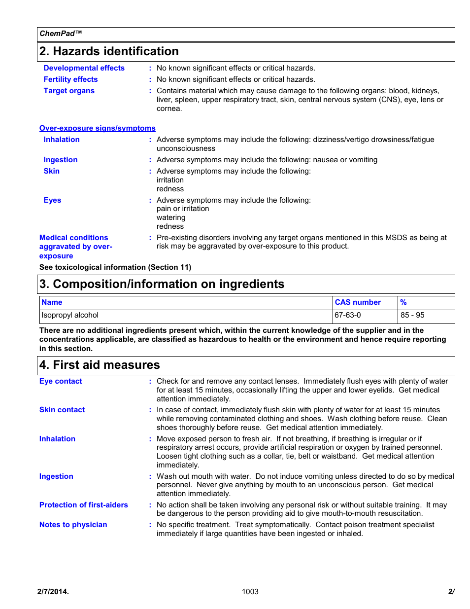 Hazards identification, Composition/information on ingredients, First aid measures | Chemtronics Chempad CP400 User Manual | Page 2 / 9