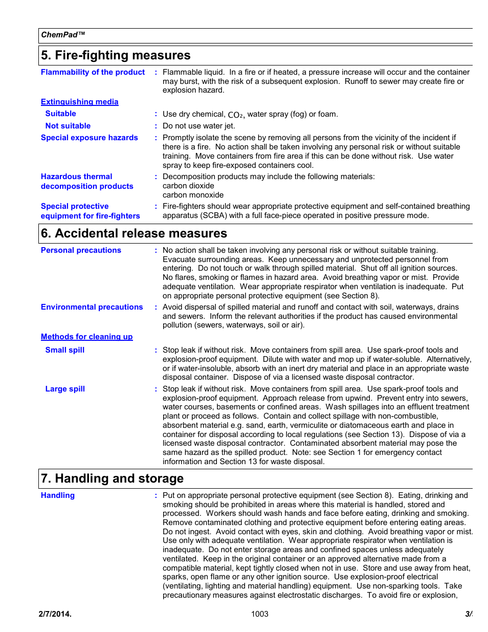 Fire-fighting measures, Accidental release measures, Handling and storage | Chemtronics Chempad CP400 User Manual | Page 3 / 9