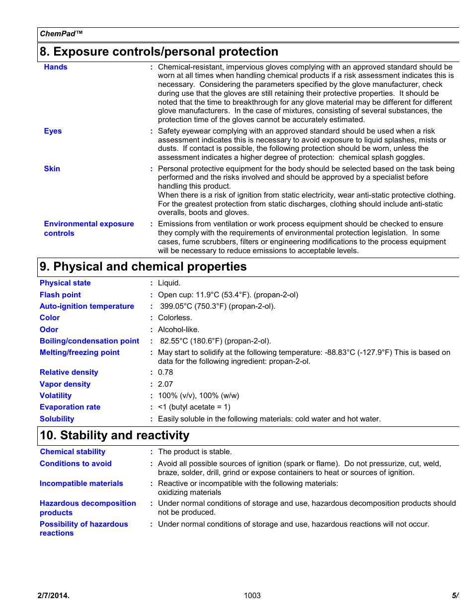 Exposure controls/personal protection, Physical and chemical properties, Stability and reactivity | Chemtronics Chempad CP400 User Manual | Page 5 / 9