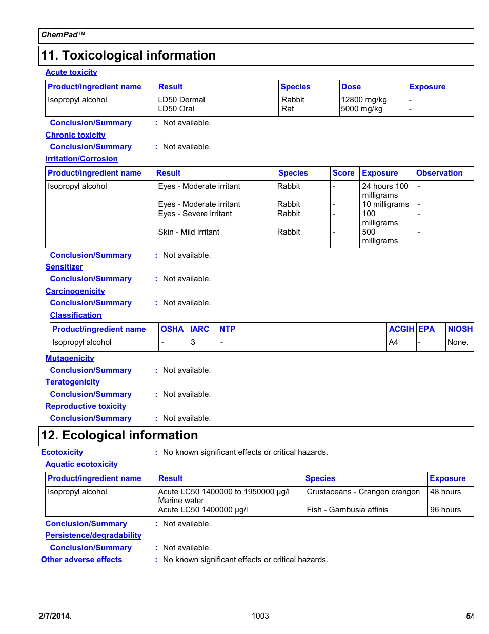 Toxicological information, Ecological information | Chemtronics Chempad CP400 User Manual | Page 6 / 9