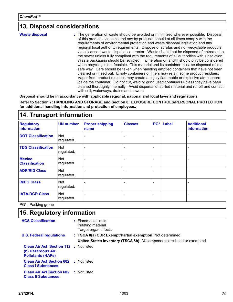 Disposal considerations, Transport information, Regulatory information | Chemtronics Chempad CP400 User Manual | Page 7 / 9