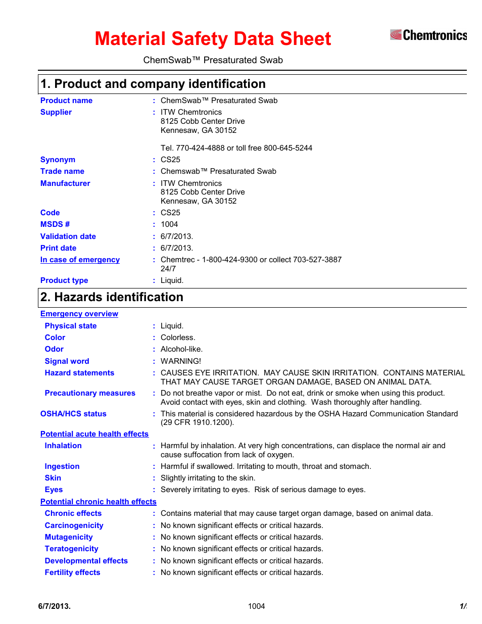 Chemtronics Chemswab CS25 User Manual | 9 pages