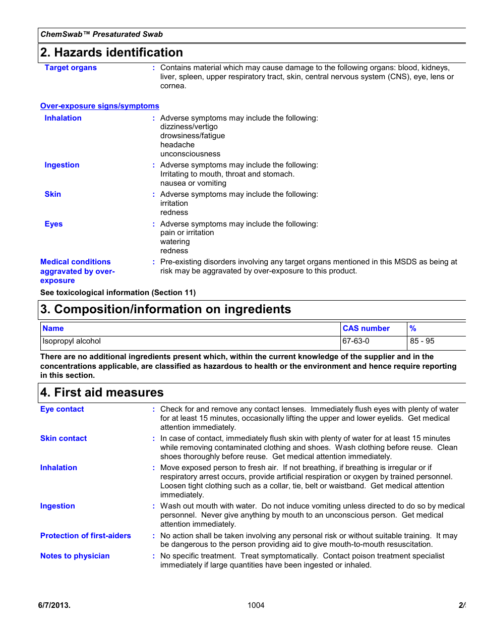 Hazards identification, Composition/information on ingredients, First aid measures | Chemtronics Chemswab CS25 User Manual | Page 2 / 9
