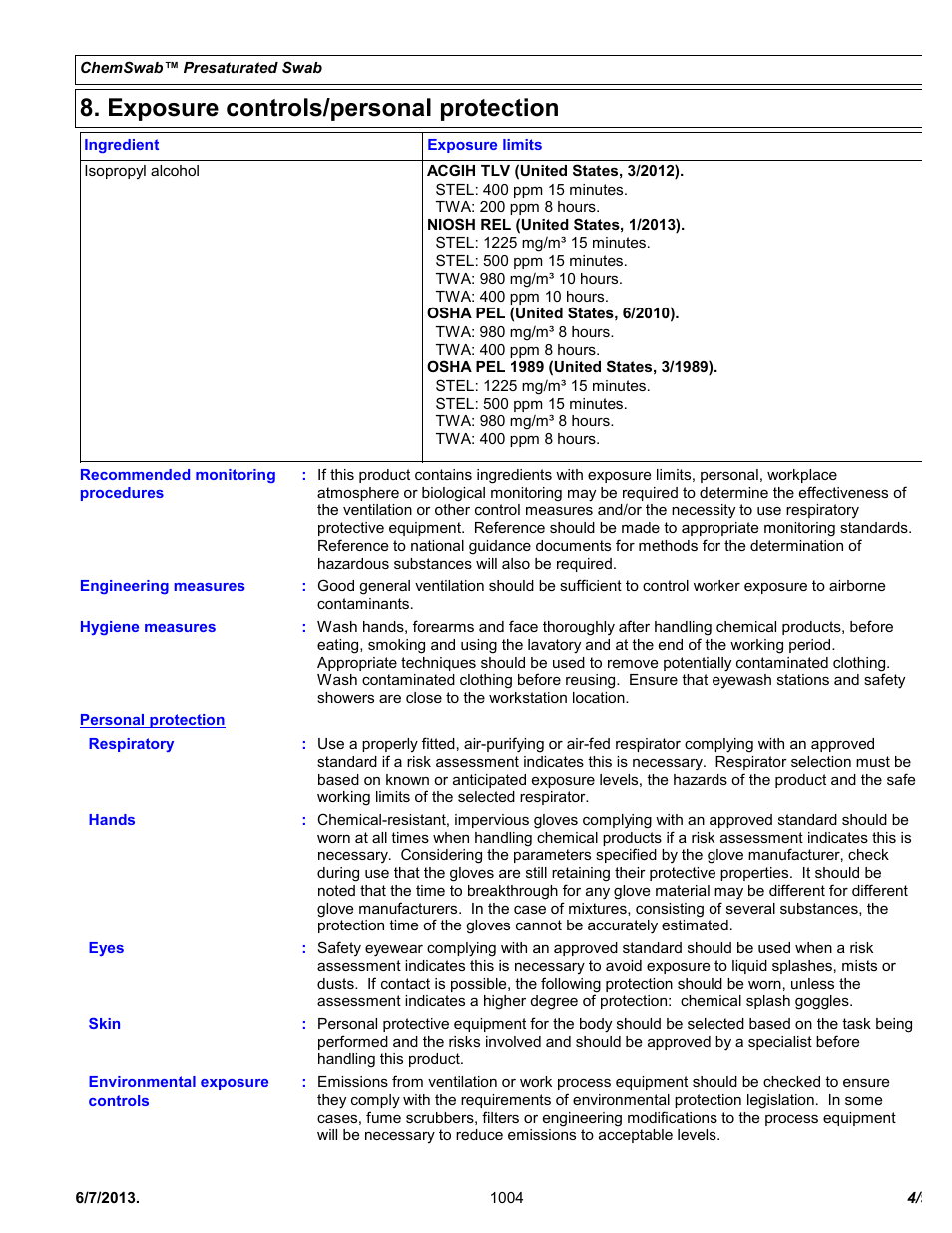 Exposure controls/personal protection | Chemtronics Chemswab CS25 User Manual | Page 4 / 9