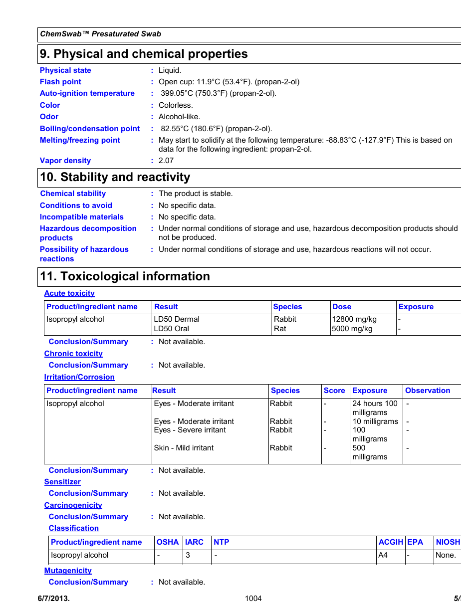 Physical and chemical properties, Stability and reactivity, Toxicological information | Chemtronics Chemswab CS25 User Manual | Page 5 / 9