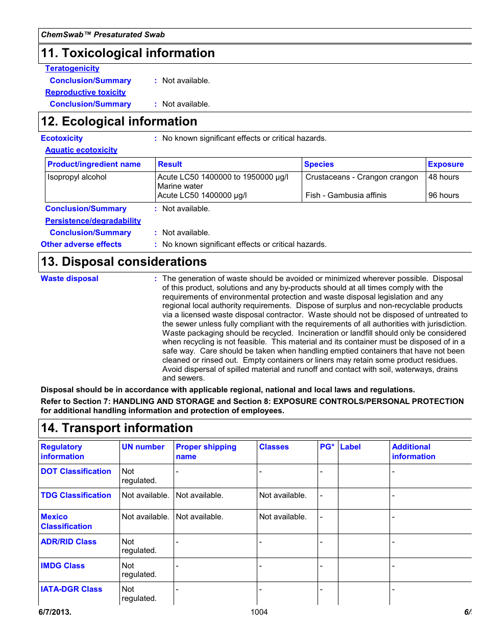 Toxicological information, Ecological information, Disposal considerations | Transport information | Chemtronics Chemswab CS25 User Manual | Page 6 / 9