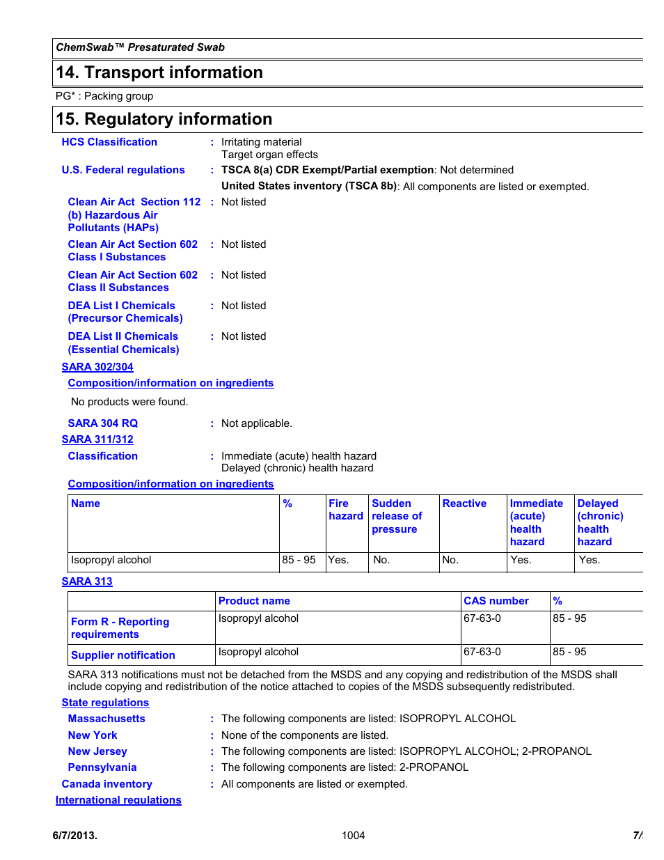 Transport information, Regulatory information | Chemtronics Chemswab CS25 User Manual | Page 7 / 9