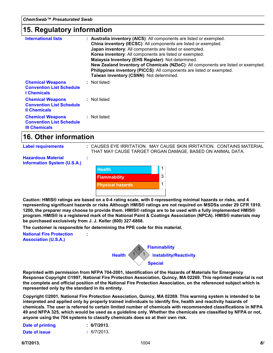 Regulatory information, Other information | Chemtronics Chemswab CS25 User Manual | Page 8 / 9
