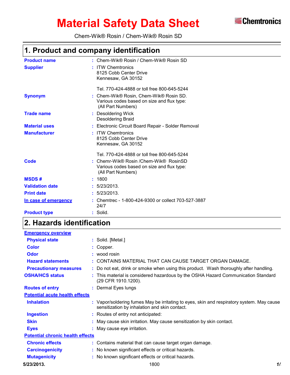 Chemtronics Chem-Wik Rosin SD 7-5L User Manual | 9 pages