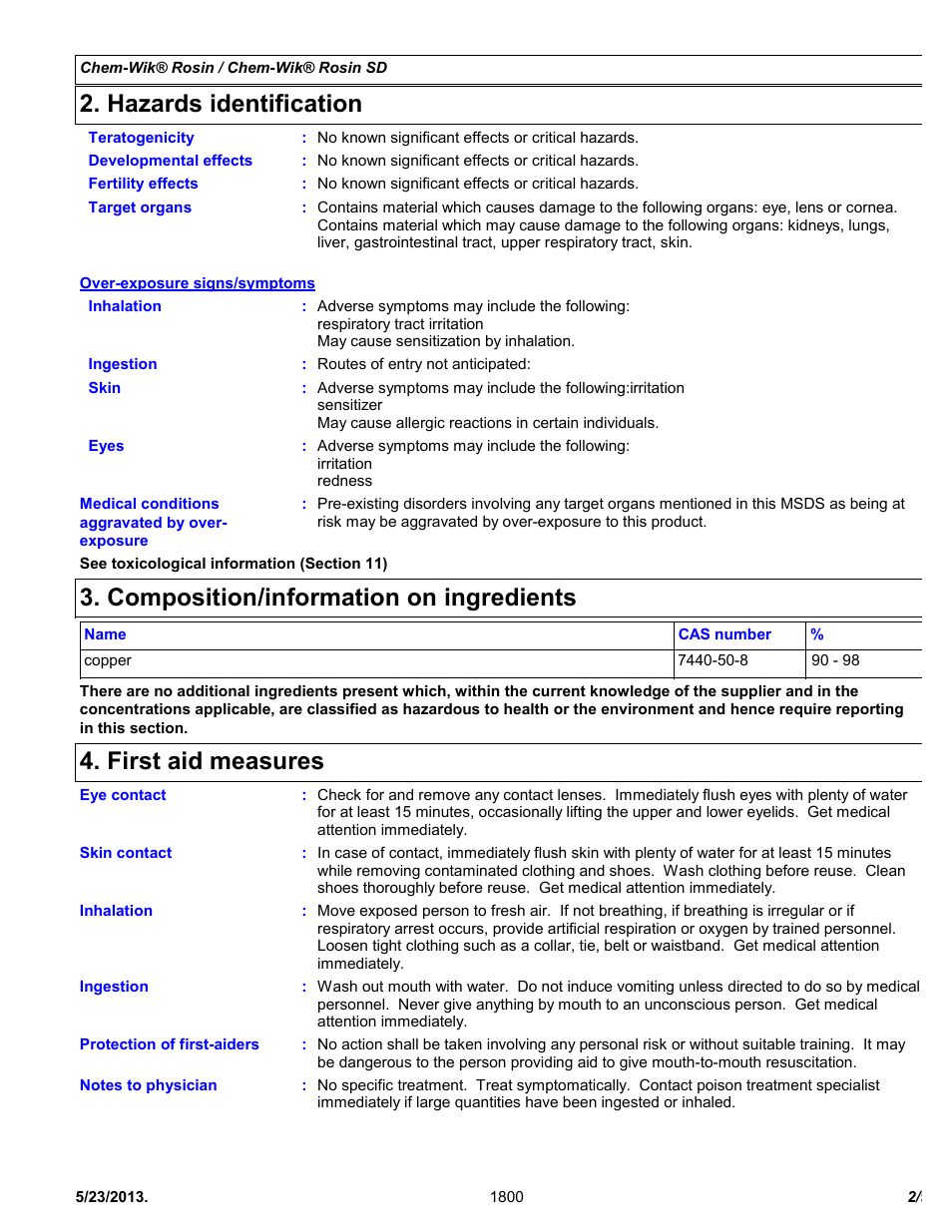 Hazards identification, Composition/information on ingredients, First aid measures | Chemtronics Chem-Wik Rosin SD 7-5L User Manual | Page 2 / 9