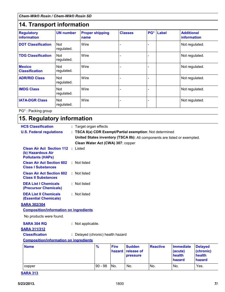 Transport information, Regulatory information | Chemtronics Chem-Wik Rosin SD 7-5L User Manual | Page 7 / 9