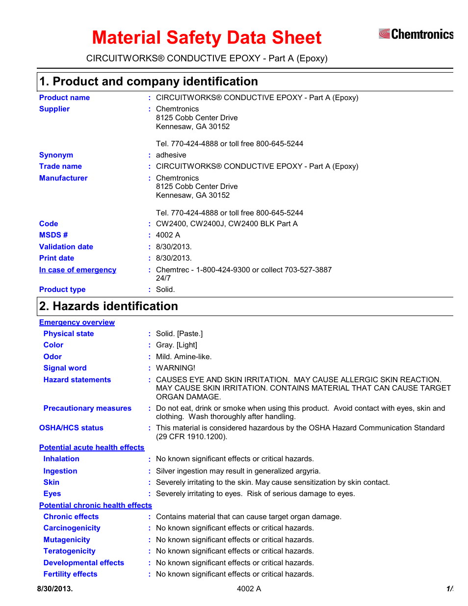 Chemtronics CircuitWorks 5 Minute Conductive Epoxy CW2400J User Manual | 9 pages