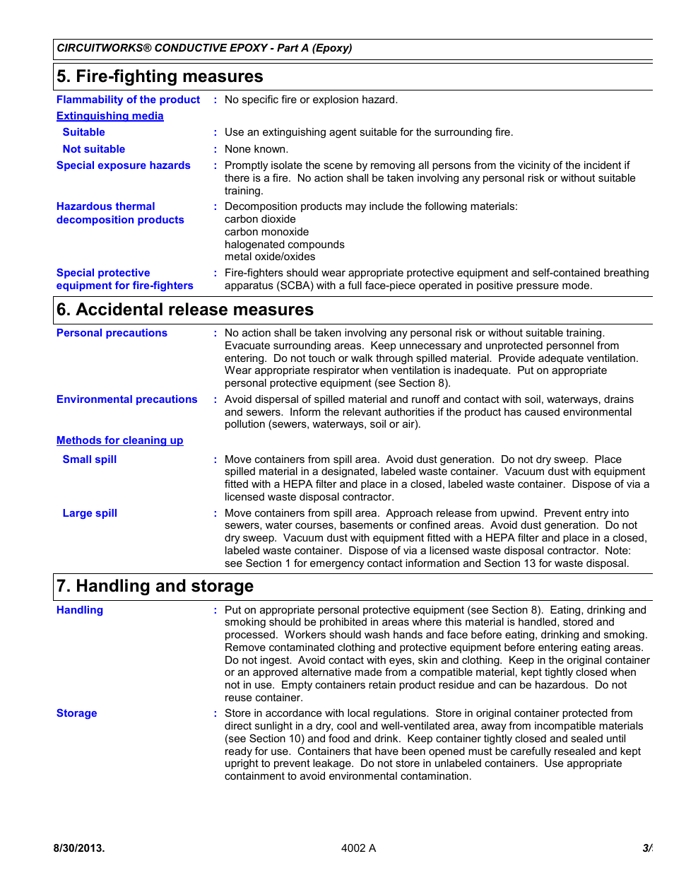 Fire-fighting measures, Accidental release measures, Handling and storage | Chemtronics CircuitWorks 5 Minute Conductive Epoxy CW2400J User Manual | Page 3 / 9
