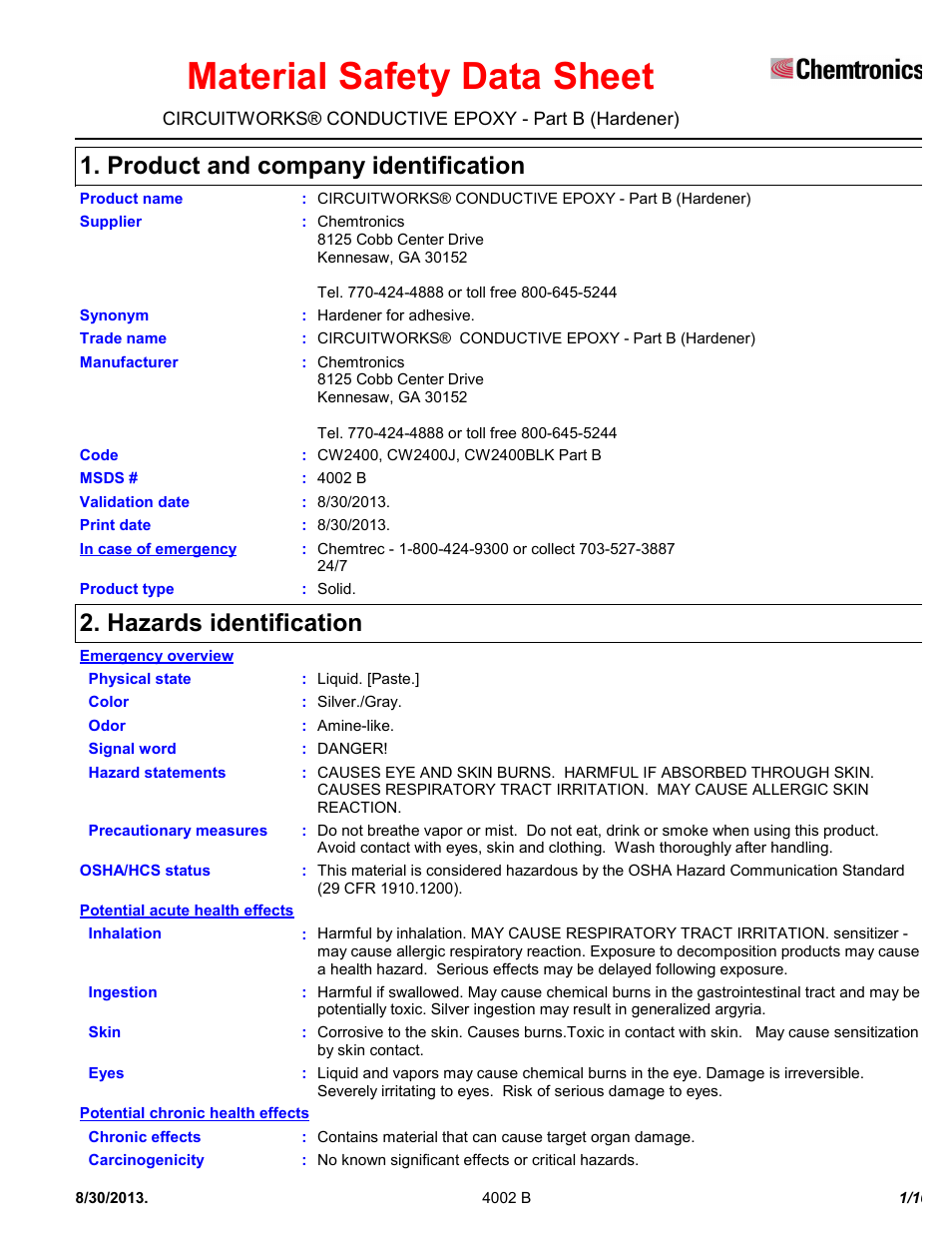 Chemtronics CircuitWorks 5 Minute Conductive Epoxy CW2400J User Manual | 10 pages