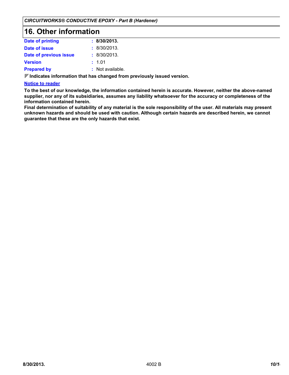 Other information | Chemtronics CircuitWorks 5 Minute Conductive Epoxy CW2400J User Manual | Page 10 / 10