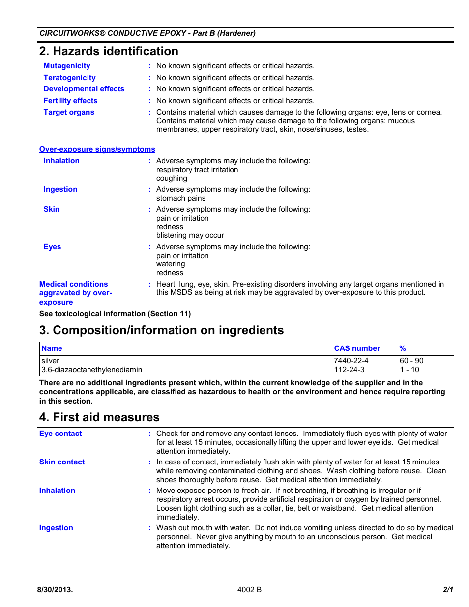 Hazards identification, Composition/information on ingredients, First aid measures | Chemtronics CircuitWorks 5 Minute Conductive Epoxy CW2400J User Manual | Page 2 / 10