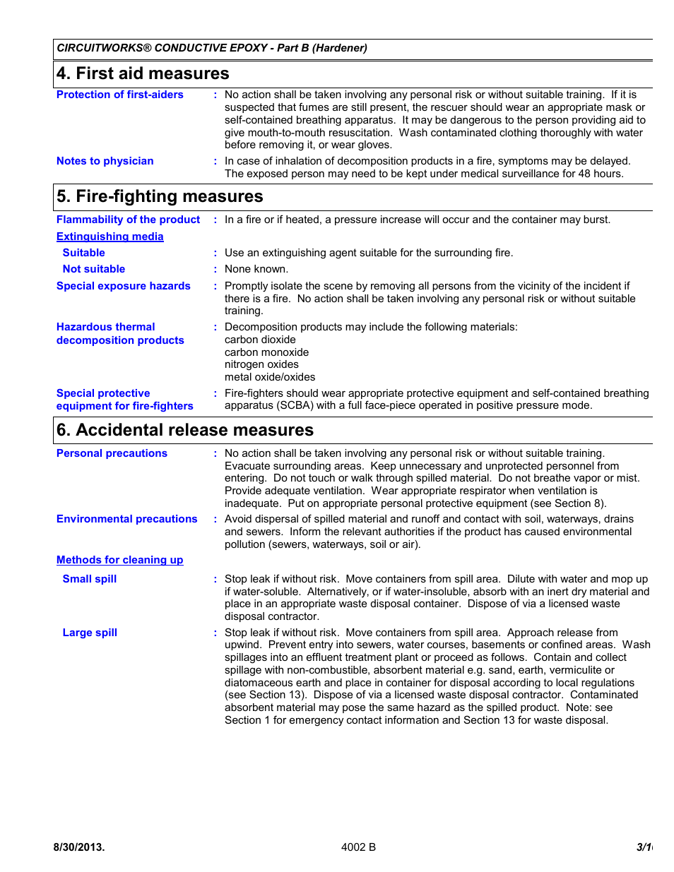 First aid measures, Fire-fighting measures, Accidental release measures | Chemtronics CircuitWorks 5 Minute Conductive Epoxy CW2400J User Manual | Page 3 / 10