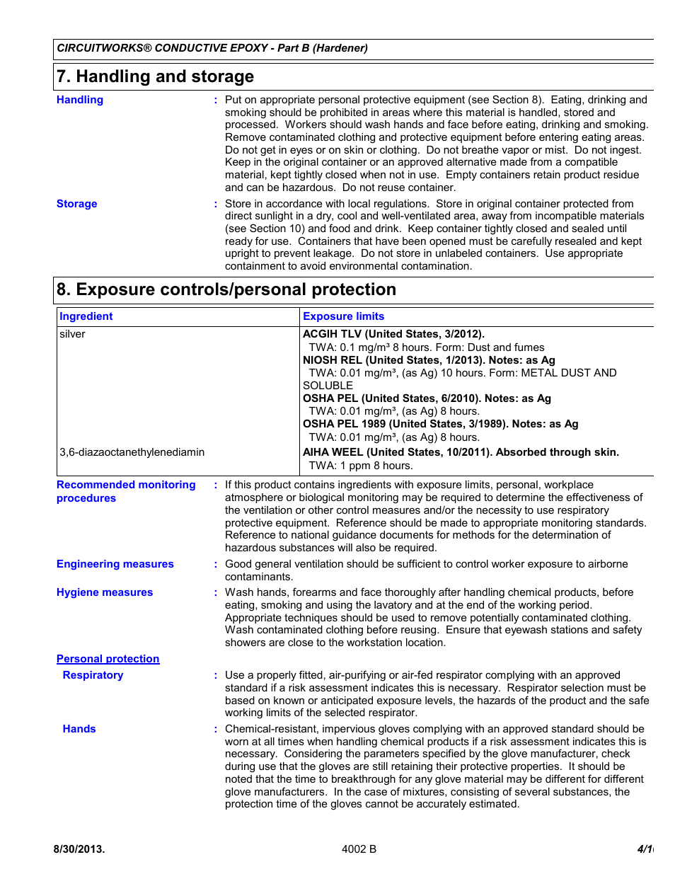 Handling and storage, Exposure controls/personal protection | Chemtronics CircuitWorks 5 Minute Conductive Epoxy CW2400J User Manual | Page 4 / 10