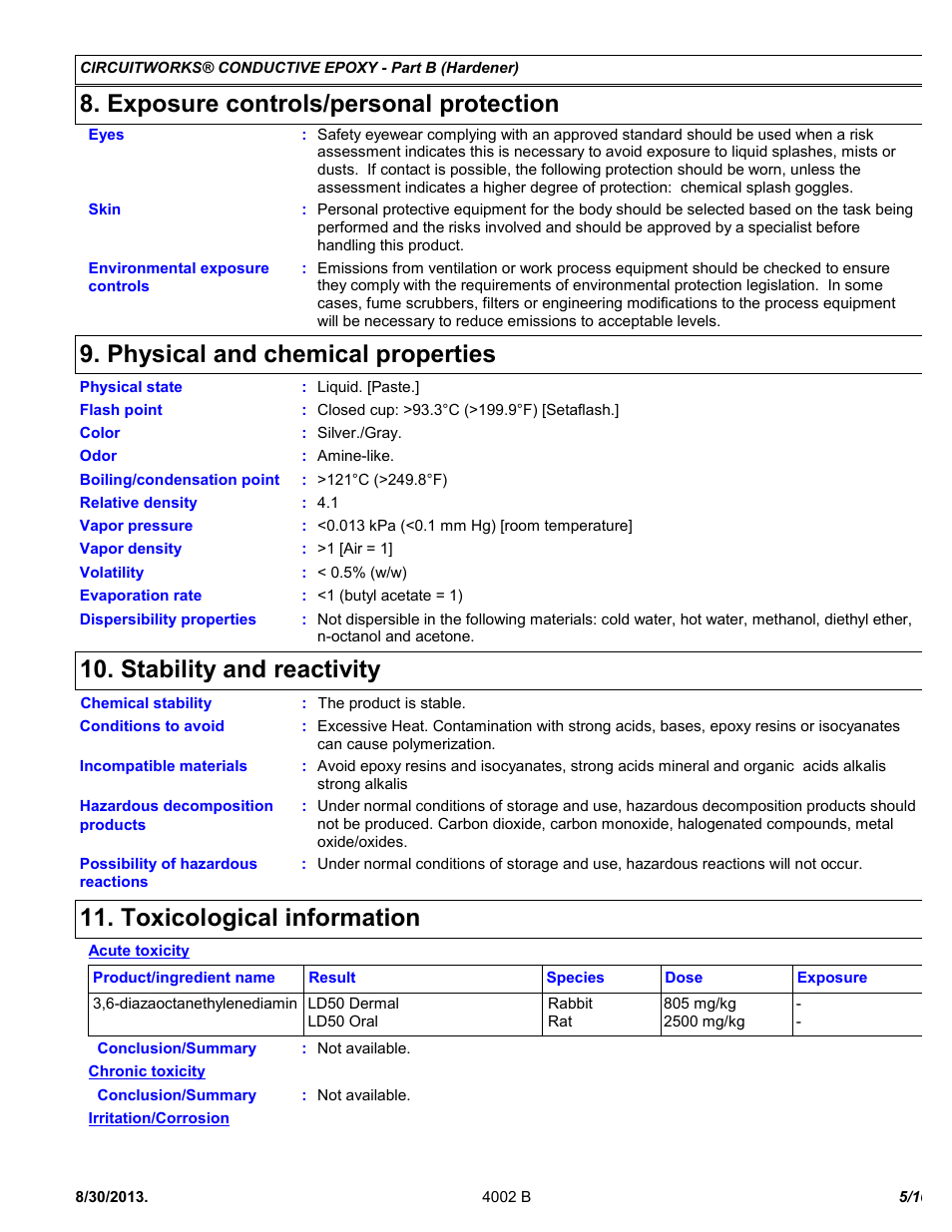 Exposure controls/personal protection, Physical and chemical properties, Stability and reactivity | Toxicological information | Chemtronics CircuitWorks 5 Minute Conductive Epoxy CW2400J User Manual | Page 5 / 10