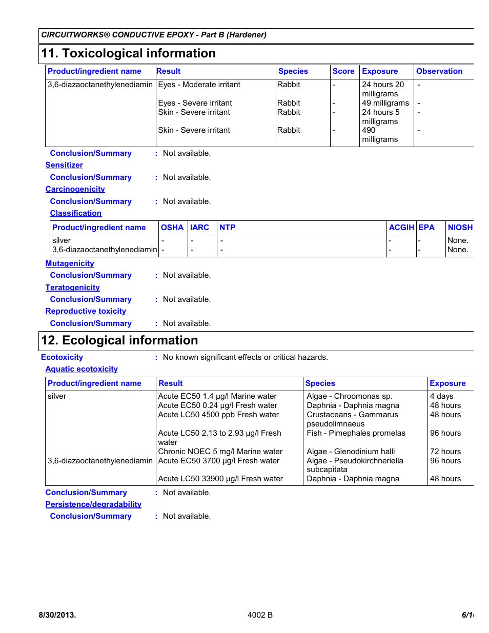 Toxicological information, Ecological information | Chemtronics CircuitWorks 5 Minute Conductive Epoxy CW2400J User Manual | Page 6 / 10