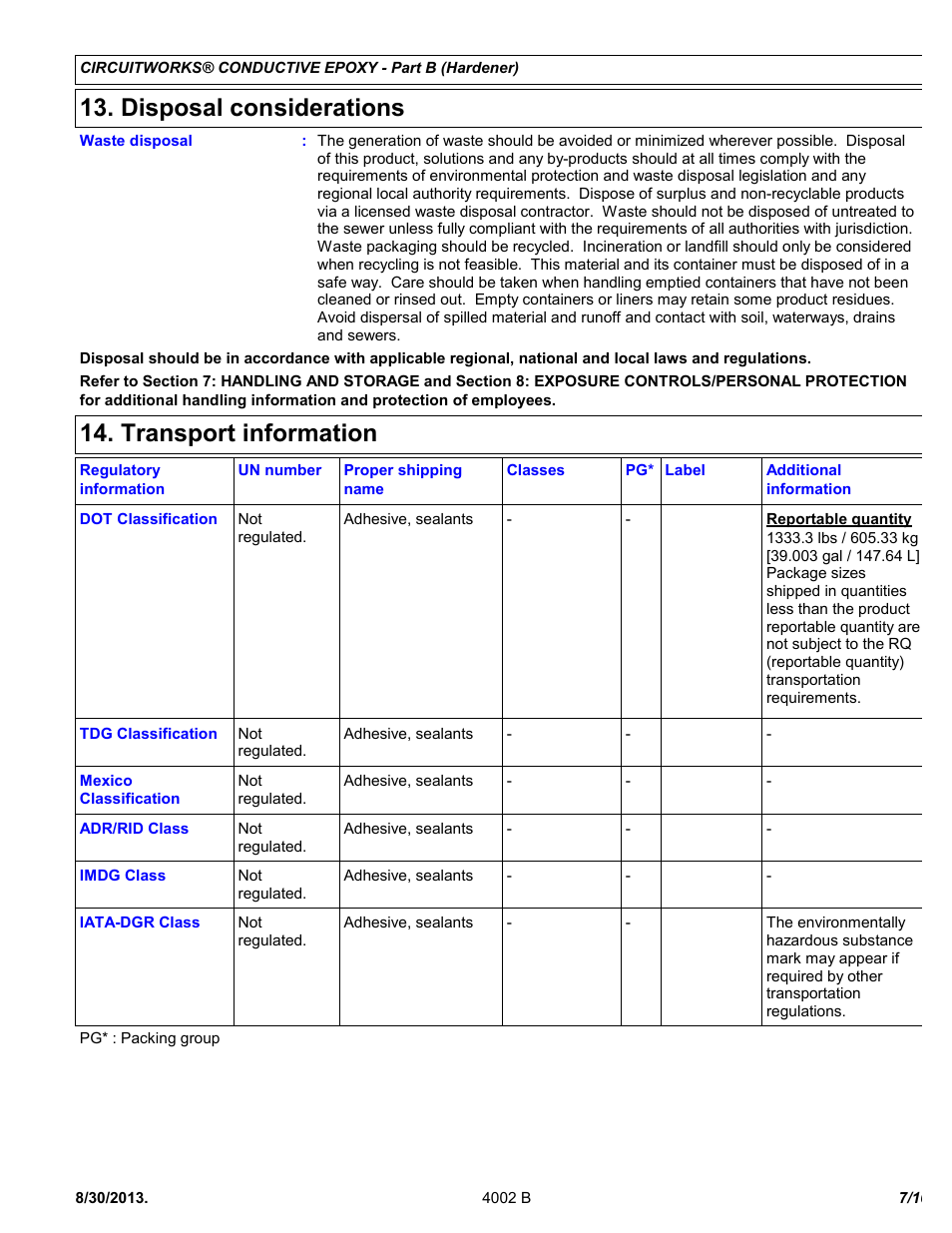 Disposal considerations, Transport information | Chemtronics CircuitWorks 5 Minute Conductive Epoxy CW2400J User Manual | Page 7 / 10