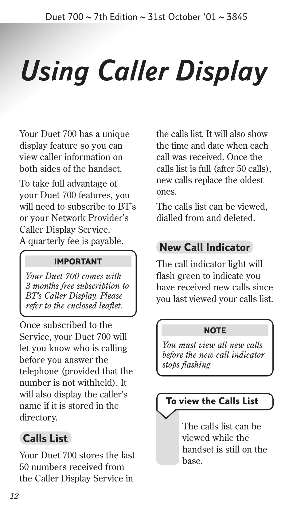 Using caller display | BT Synergy 700 User Manual | Page 12 / 22