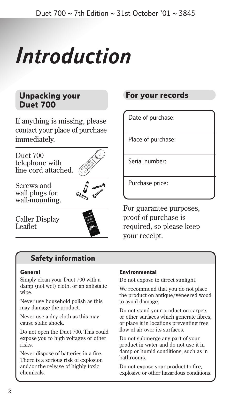 Introduction, Unpacking your duet 700 for your records, Safety information | BT Synergy 700 User Manual | Page 2 / 22