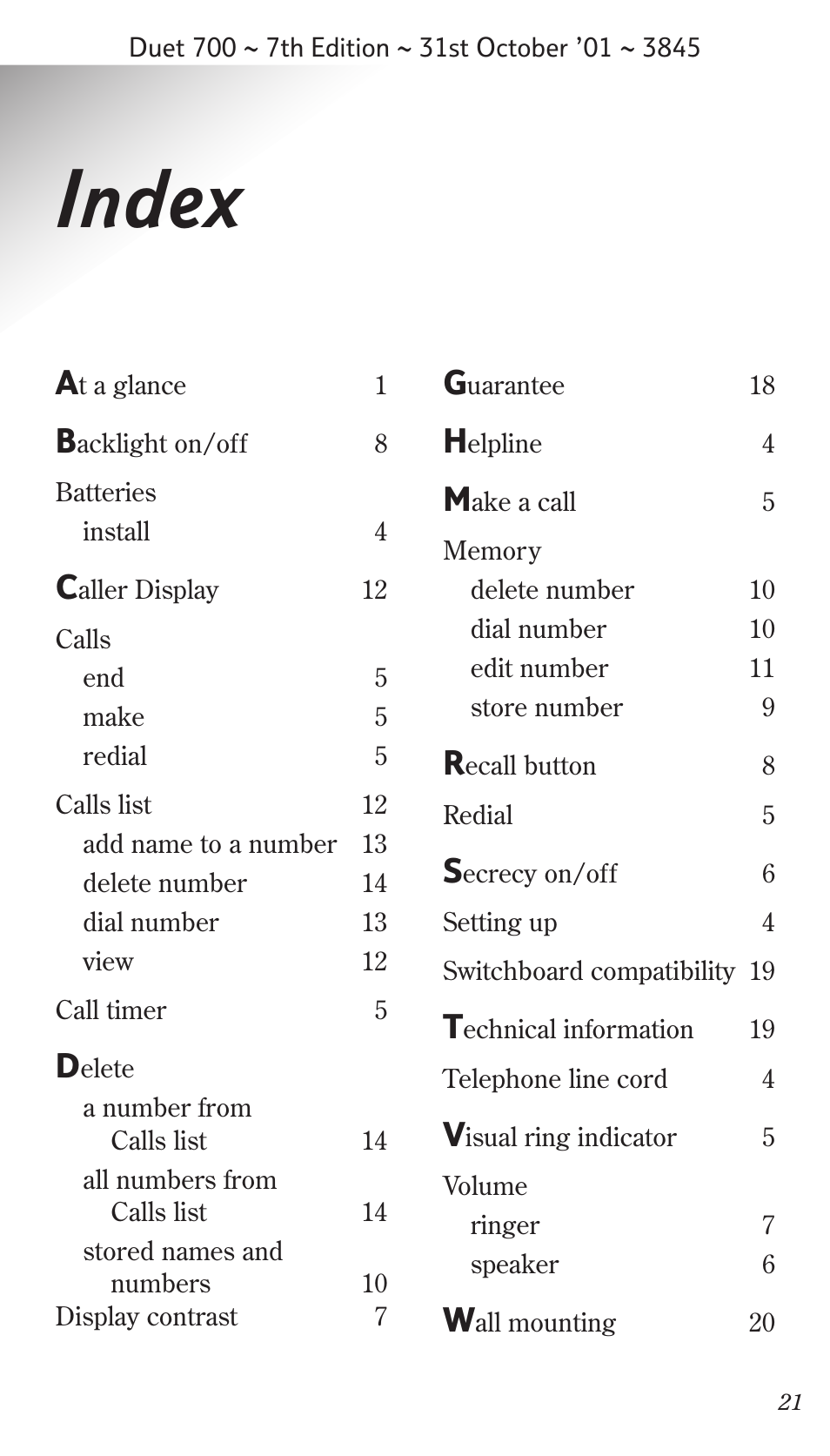 Index | BT Synergy 700 User Manual | Page 21 / 22