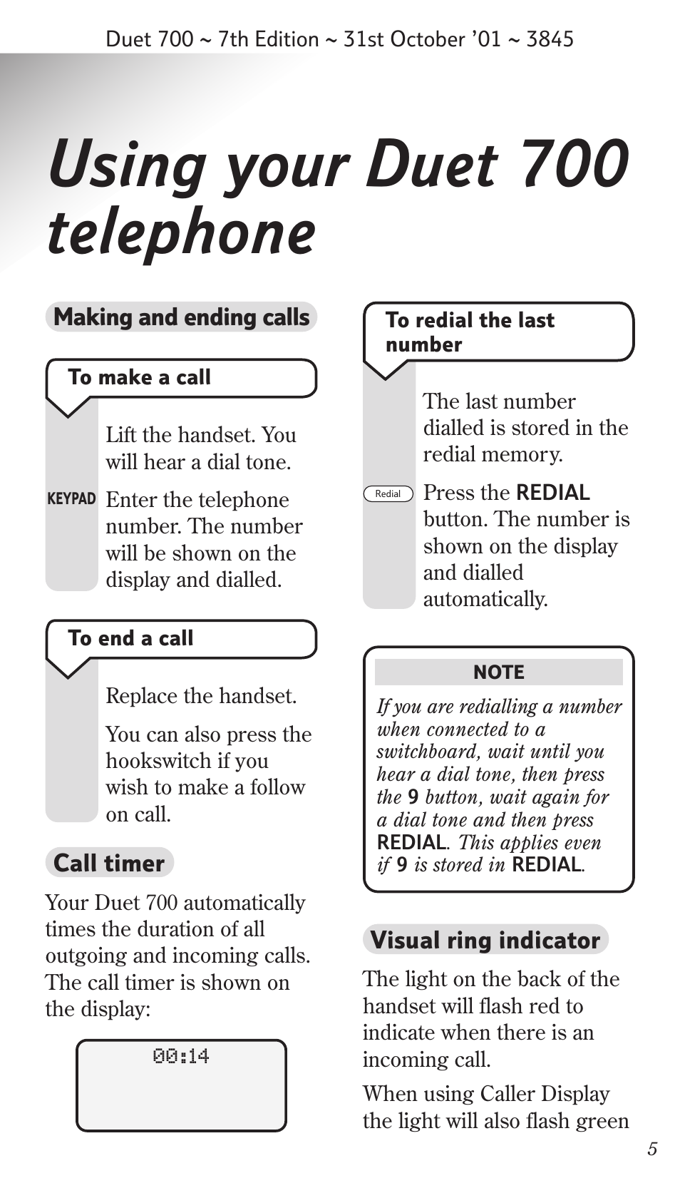 Using your duet 700 telephone | BT Synergy 700 User Manual | Page 5 / 22