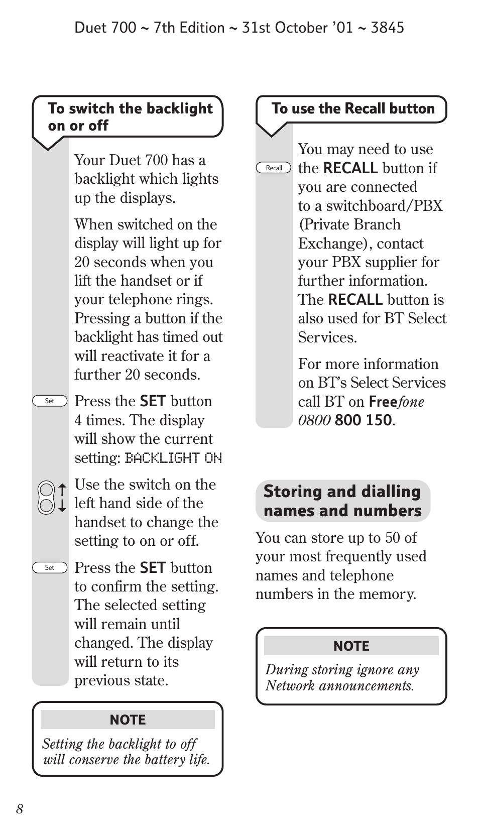 Storing and dialling names and numbers | BT Synergy 700 User Manual | Page 8 / 22