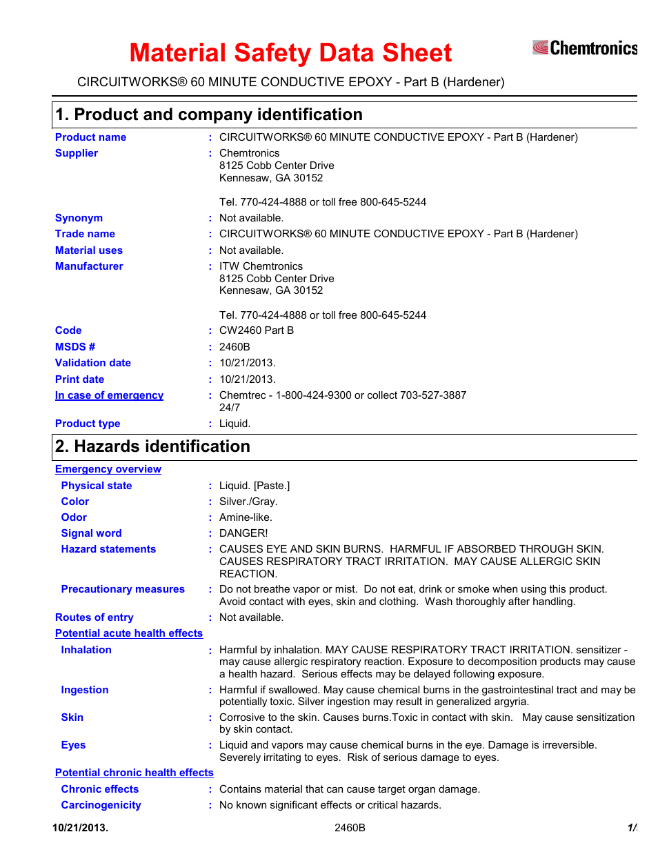 Chemtronics CircuitWorks® 60 Minute Conductive Epoxy CW2460 User Manual | 9 pages