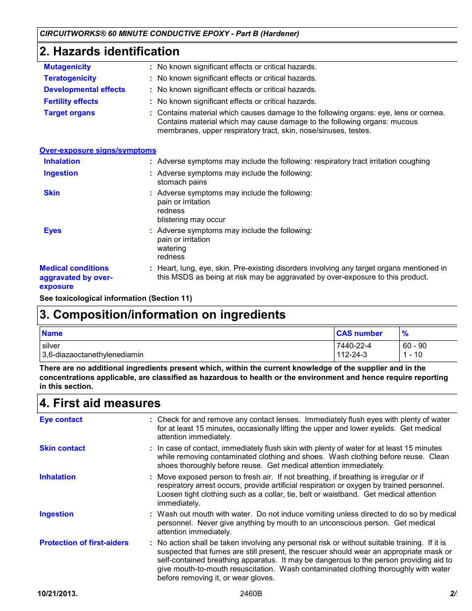 Hazards identification, Composition/information on ingredients, First aid measures | Chemtronics CircuitWorks® 60 Minute Conductive Epoxy CW2460 User Manual | Page 2 / 9