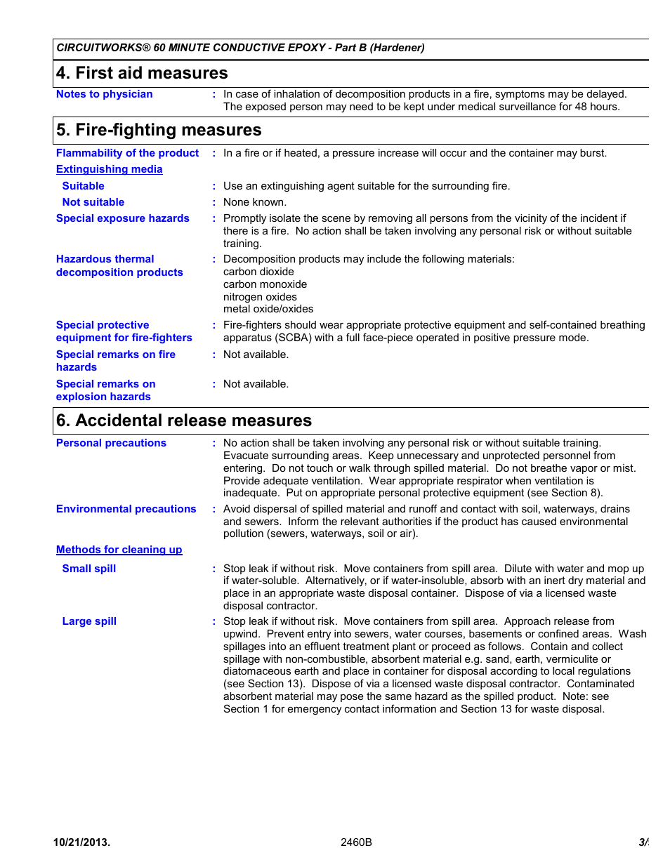First aid measures, Fire-fighting measures, Accidental release measures | Chemtronics CircuitWorks® 60 Minute Conductive Epoxy CW2460 User Manual | Page 3 / 9